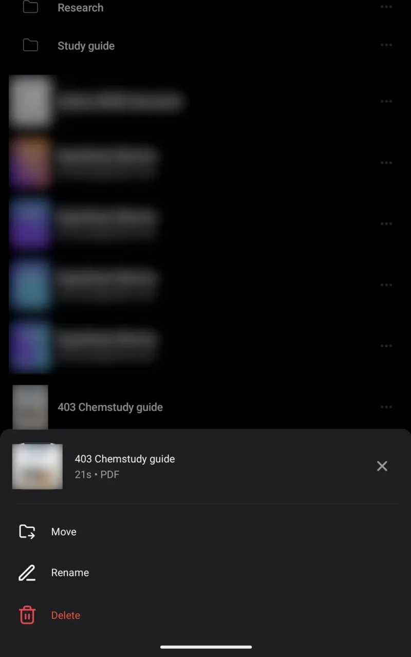 Screenshot of the mobile app library showing the options menu and delete button