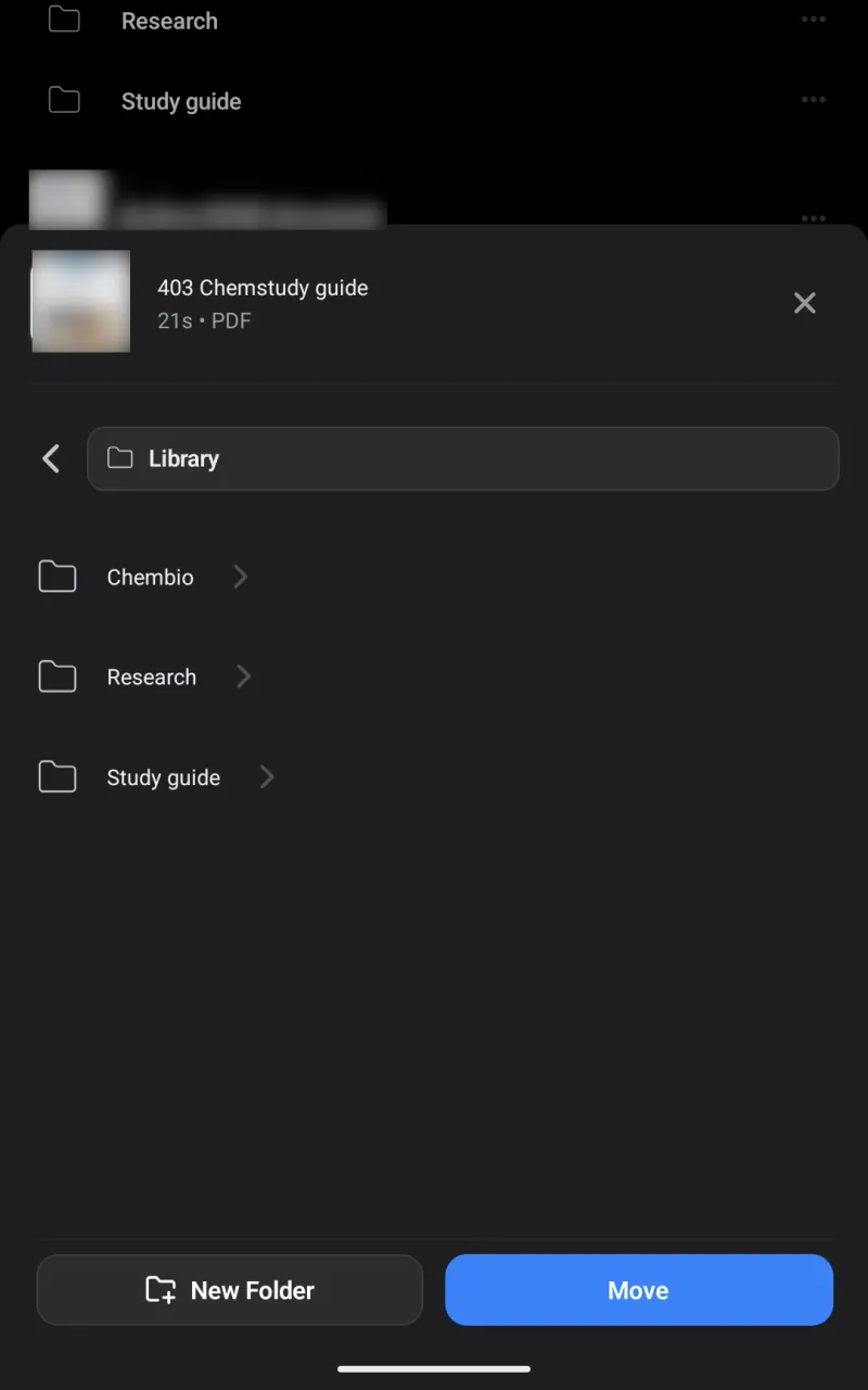 Screenshot of the mobile app showing folder browser, new folder option, and move button