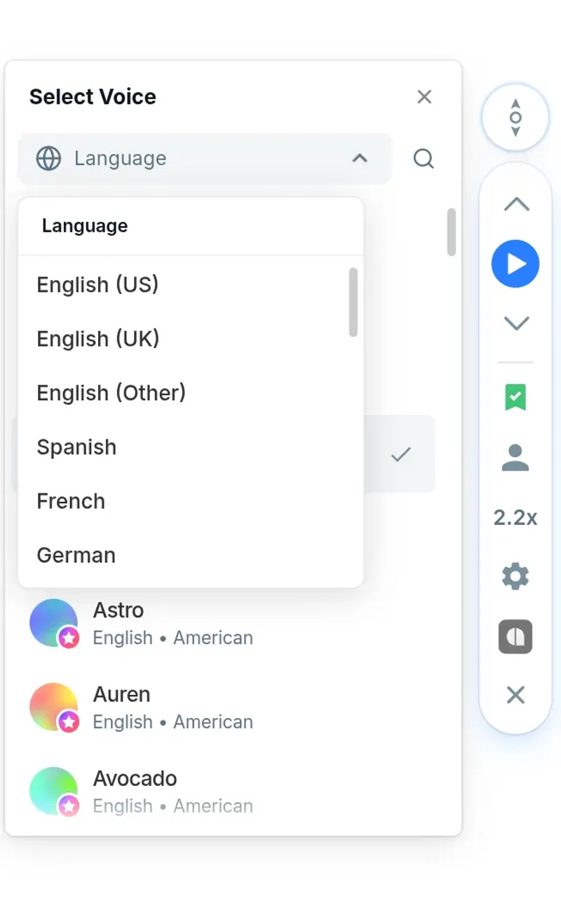 The Audeus Chrome Extension sidebar player active on a webpage with word-by-word text highlighting
