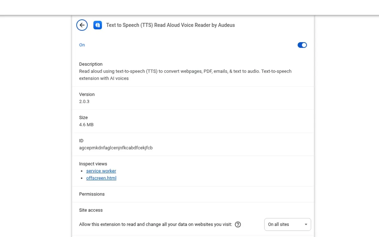 Configuring Audeus site access permissions to 'On all sites' inside Google Chrome extension details settings