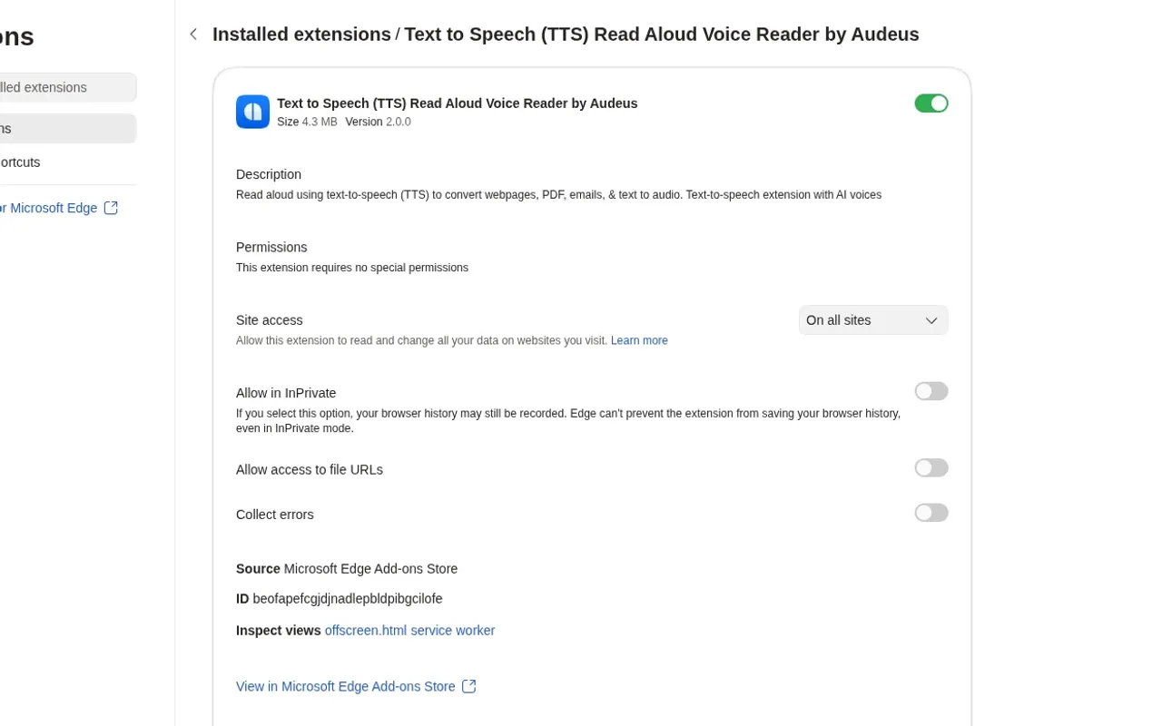 Configuring Audeus site access permissions to 'On all sites' inside Microsoft Edge extension details settings