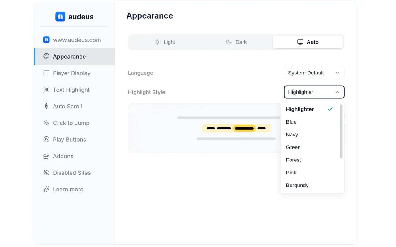 The site-specific settings panel for configuring word highlights, click-to-jump, and auto-scroll behavior