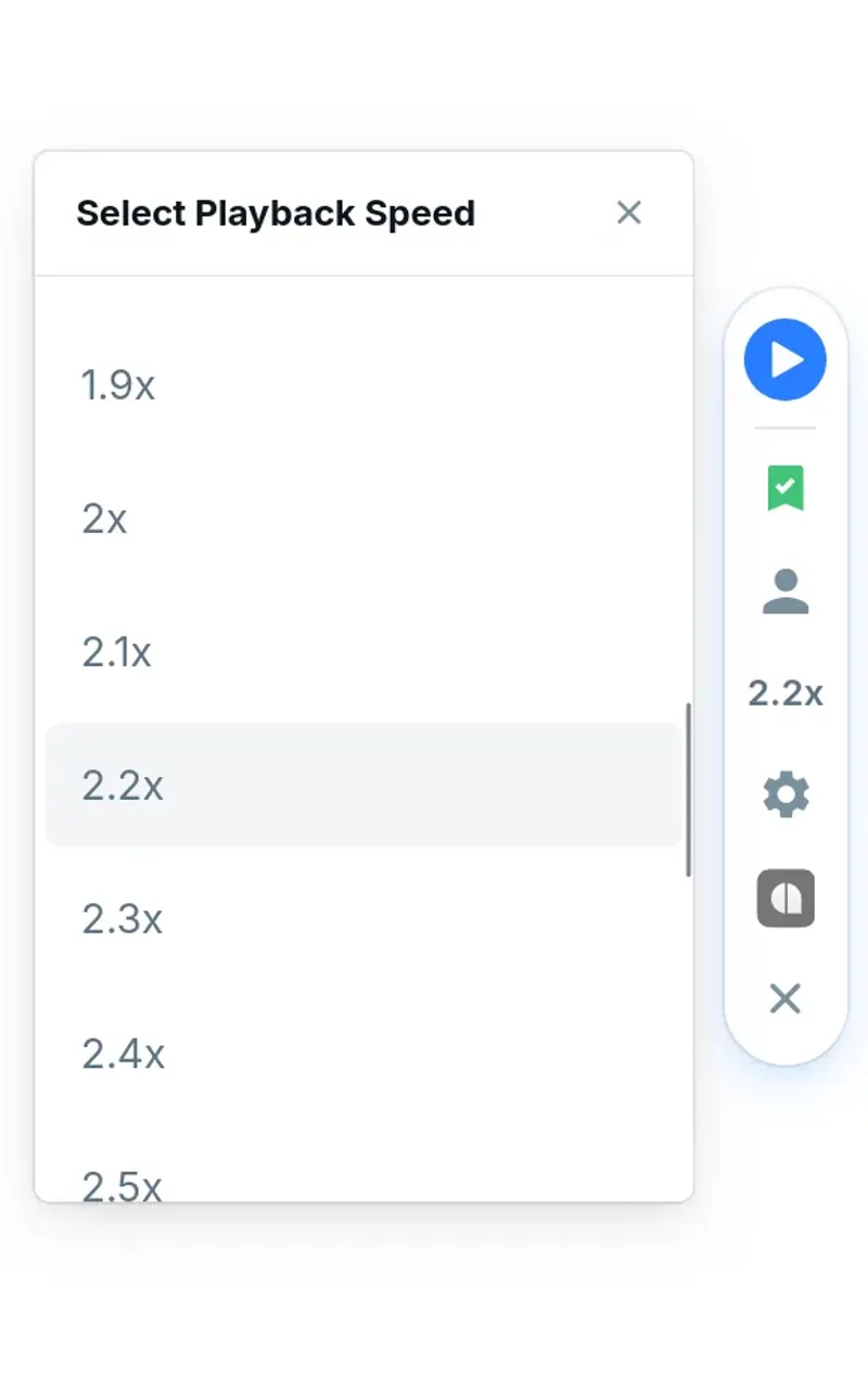 Selecting a predefined speed multiplier rate from the playback list menu on the Audeus browser extension widget