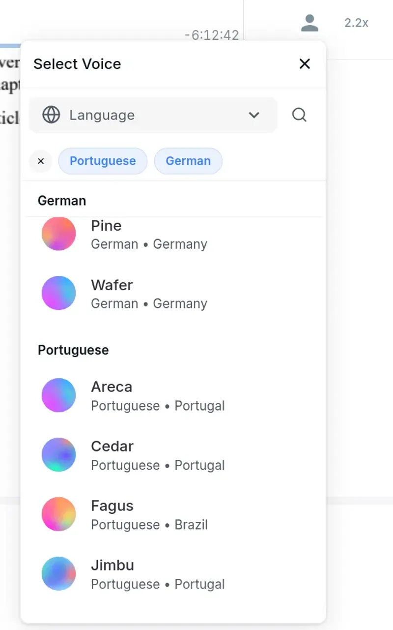 Filtering narrator voices by language using the Globe dropdown in the Audeus web voice library