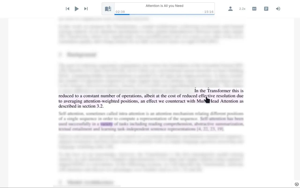 Illustration of the Click-to-Jump cursor hovering over a document sentence on the Web Reader, showing the highlighted text indicator snapping to the mouse position