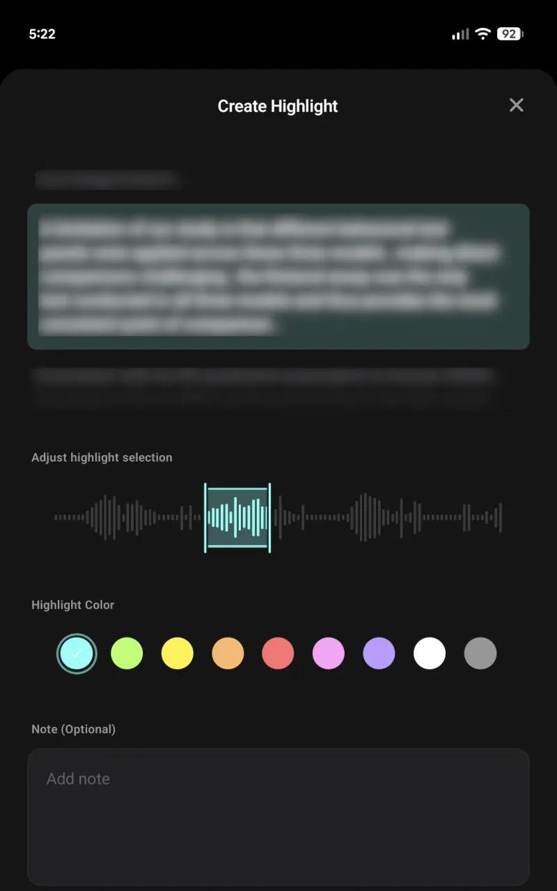 The mobile reader interface highlighting the Annotation Creator bottom sheet and the waveform range slider