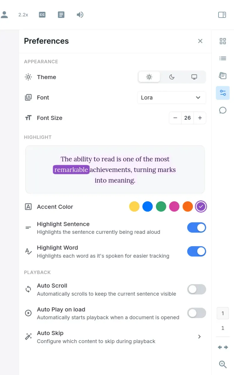 The Preferences panel in the Web Reader showing the Auto Scroll toggle switch under the Playback section