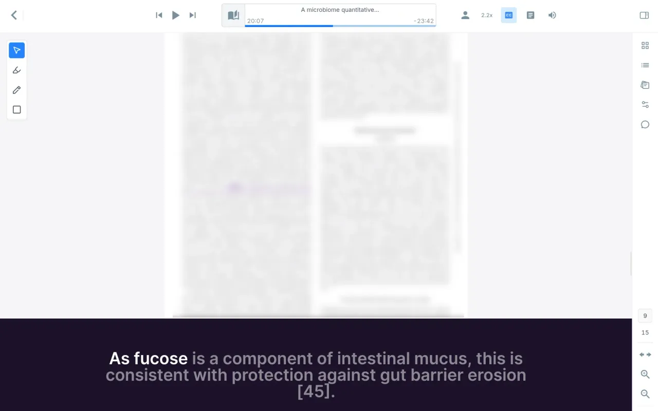 The Audeus Web Reader showing the active document in the top half and the dark purple closed captions drawer open at the bottom displaying large subtitles with real-time word highlights