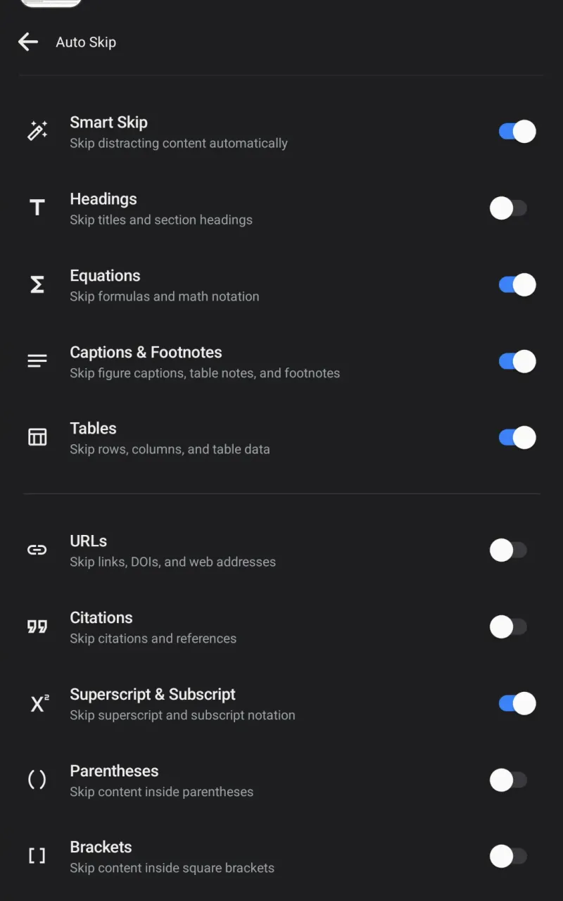 Audeus Mobile App document reader view with the Auto Skip settings bottom sheet open showing detailed toggles for URLs, Citations, Parentheses, and Brackets