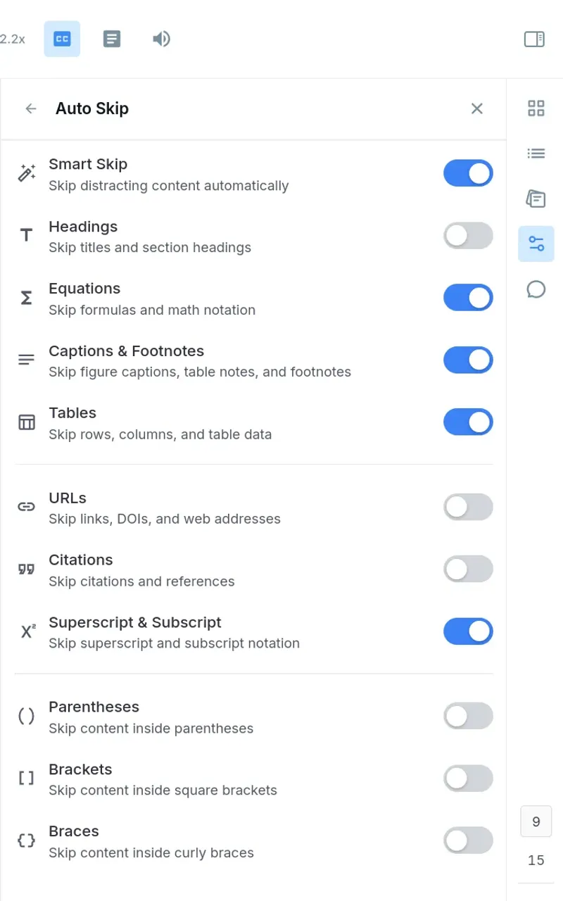 Audeus Web Reader preferences side panel with the Auto Skip sub-panel active showing toggles for Smart Skip, Headings, Equations, and Tables