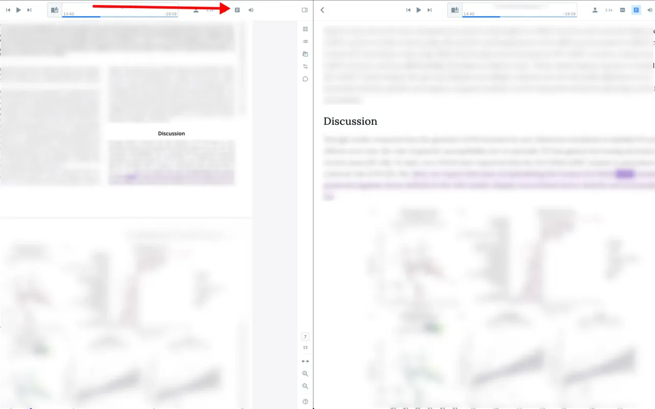 A split-screen comparison showing a cluttered PDF layout transitioning to a clean reader mode