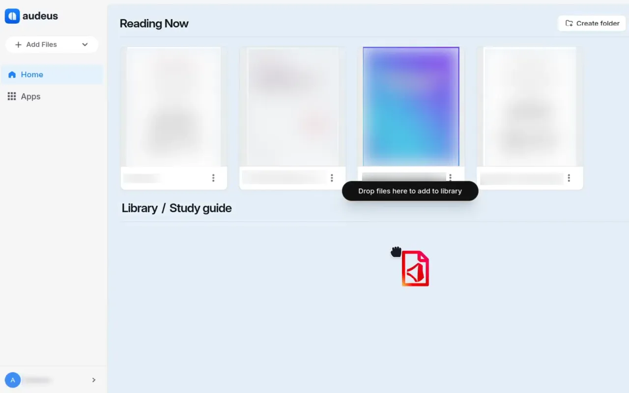 Drag and drop upload interface on the Audeus Web Reader showing the files upload card area