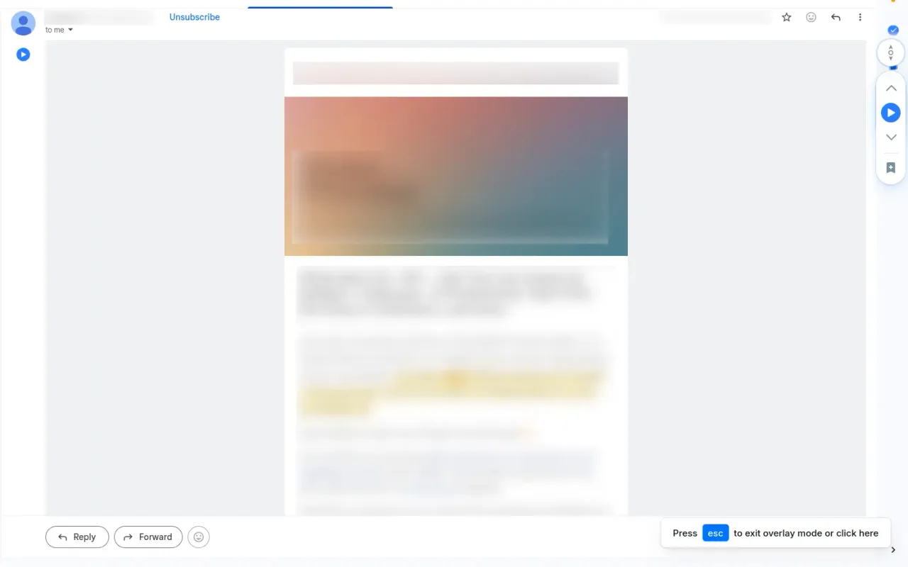Screenshot of a Gmail inbox with a newsletter open and the Audeus extension highlighting active text